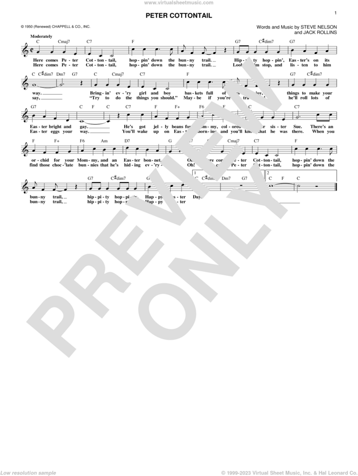 Peter Cottontail sheet music for voice and other instruments (fake book) by Steve Nelson and Jack Rollins, intermediate skill level
