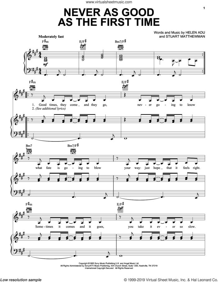 Never As Good As The First Time sheet music for voice, piano or guitar by Sade, Helen Adu and Stuart Matthewman, intermediate skill level