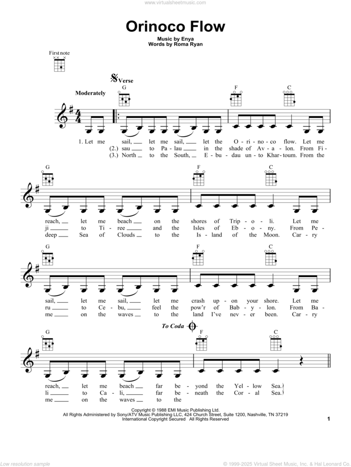 Orinoco Flow sheet music for ukulele by Enya and Roma Ryan, intermediate skill level