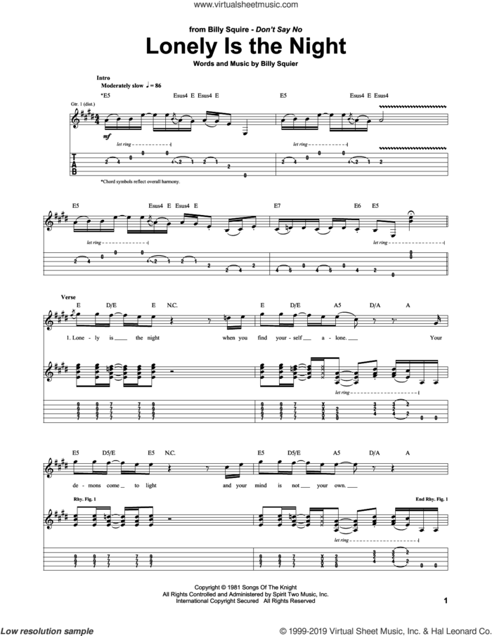 Lonely Is The Night sheet music for guitar (tablature) by Billy Squier, intermediate skill level