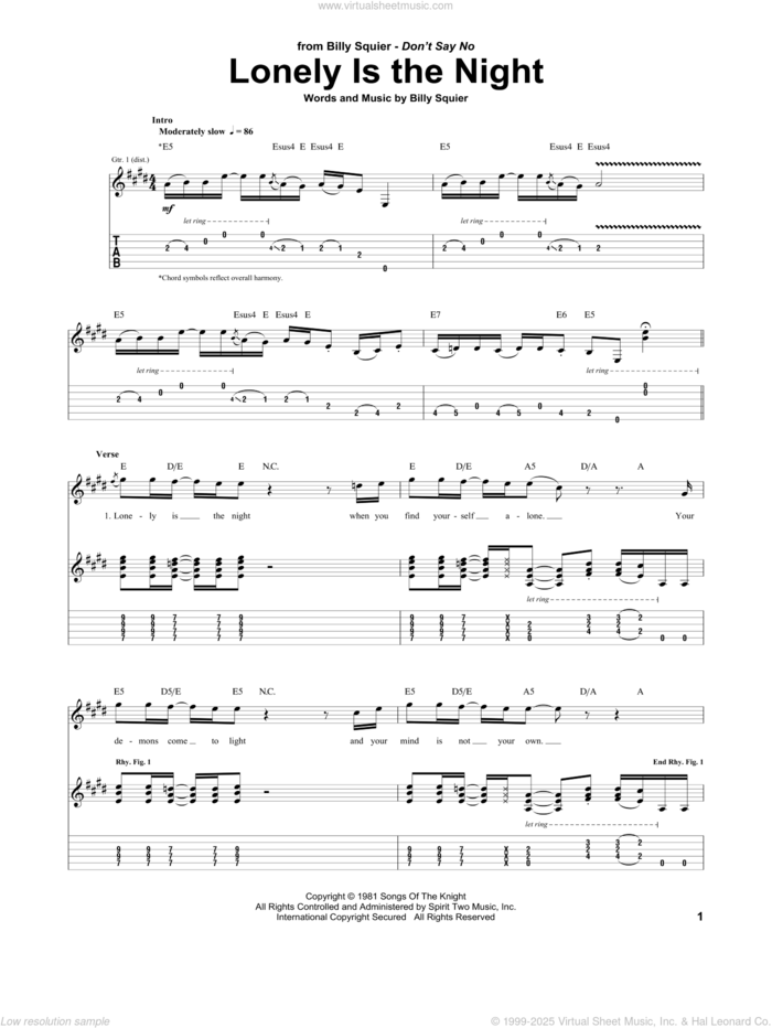 Lonely Is The Night sheet music for guitar (tablature) by Billy Squier, intermediate skill level