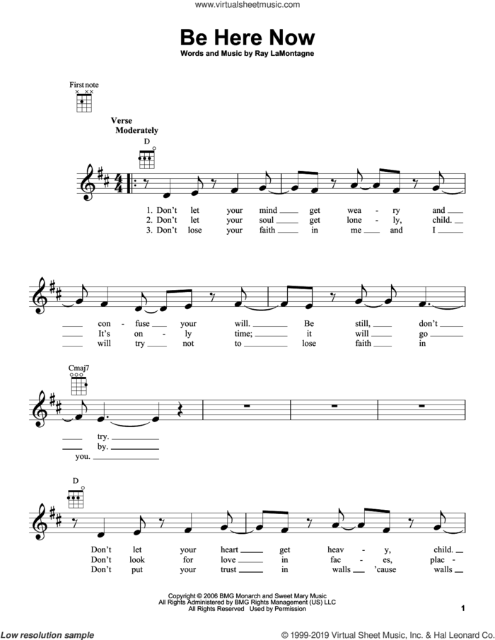 Be Here Now sheet music for ukulele by Ray LaMontagne, intermediate skill level