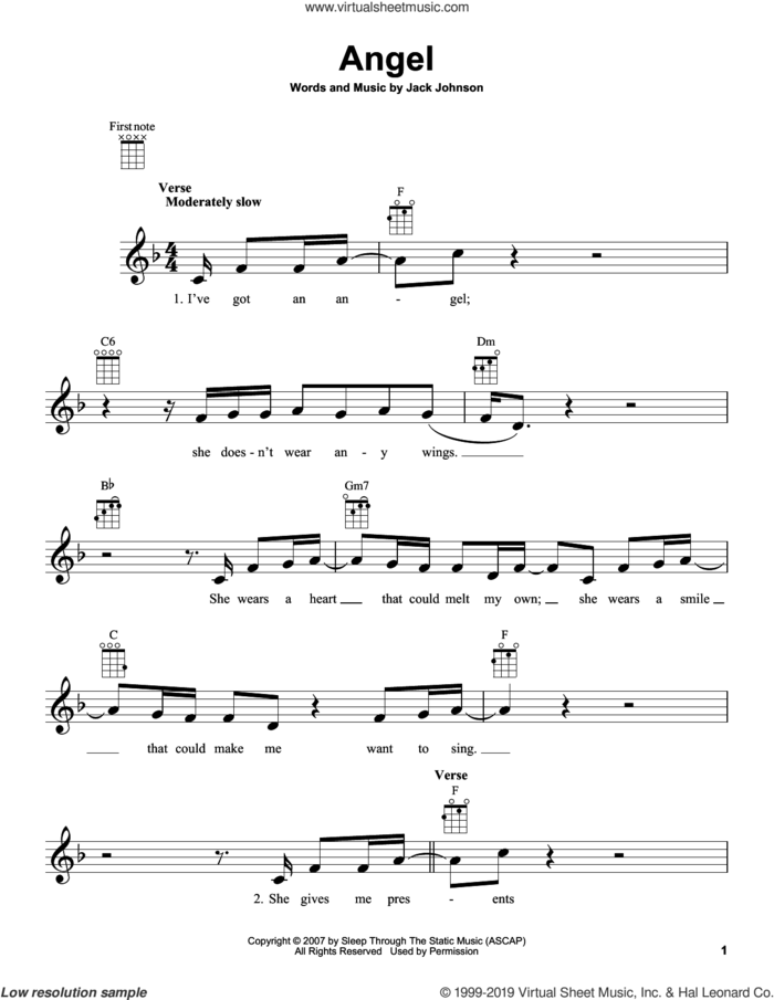 Angel sheet music for ukulele by Jack Johnson, intermediate skill level