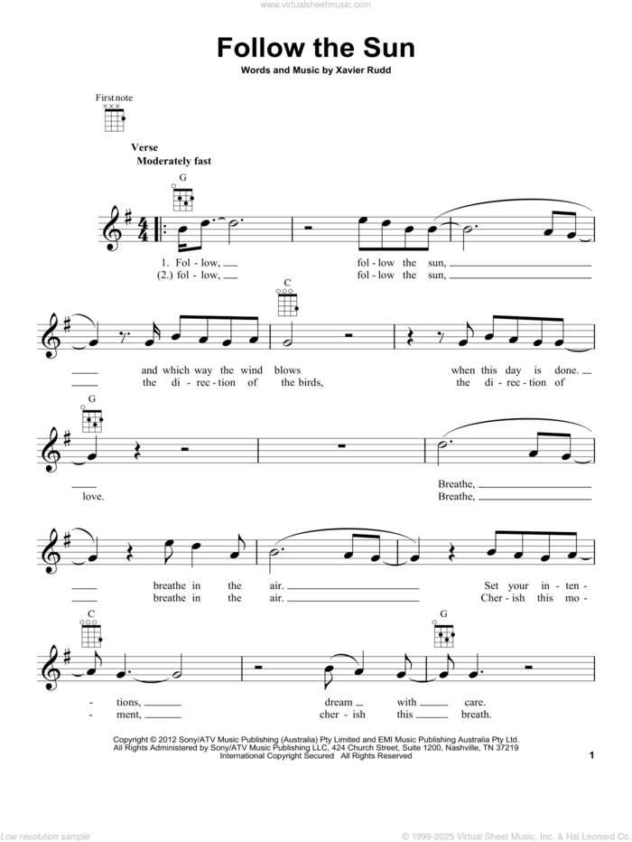 Follow The Sun sheet music for ukulele by Xavier Rudd, intermediate skill level