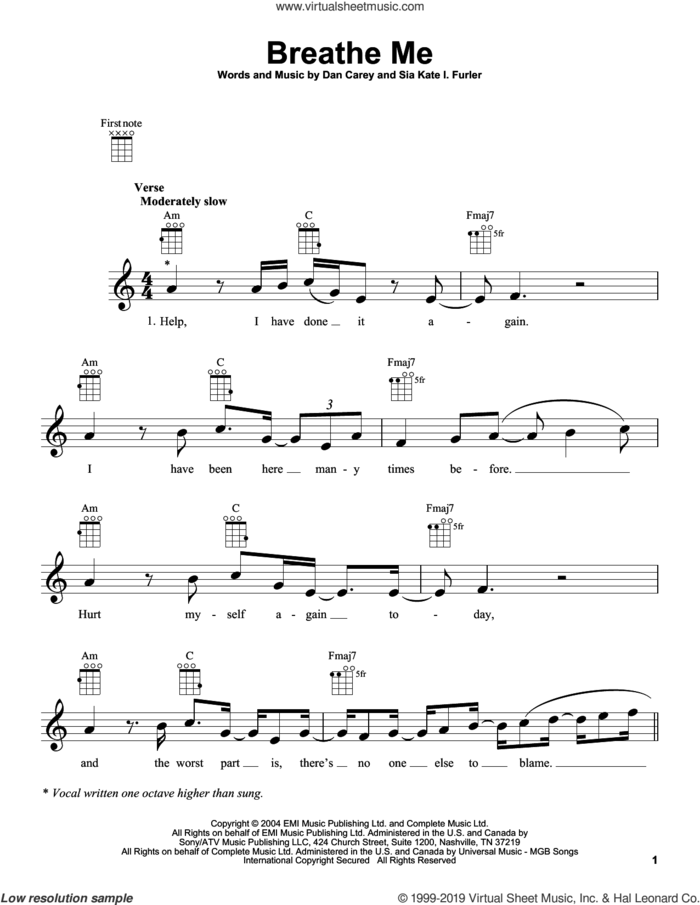 Breathe Me sheet music for ukulele by Sia, Dan Carey and Sia Kate I. Furler, intermediate skill level