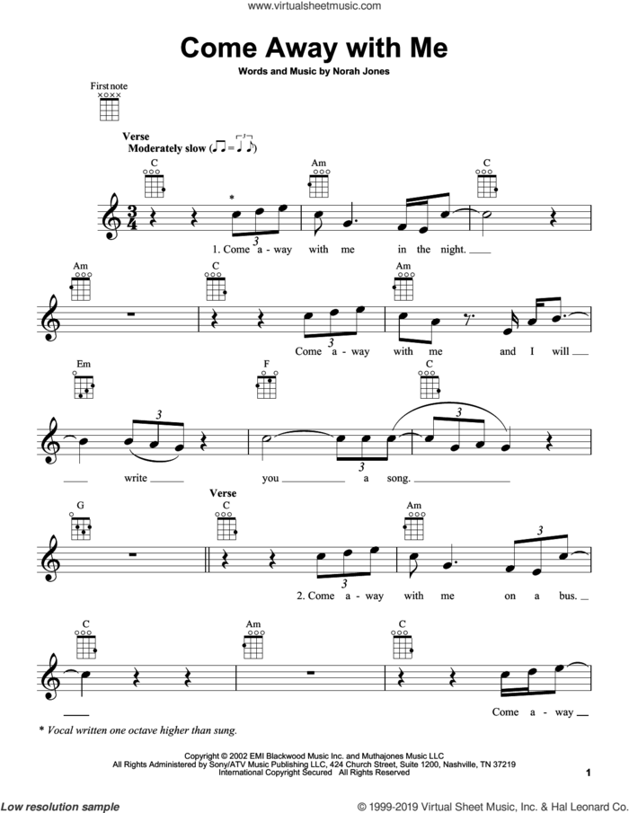 Come Away With Me sheet music for ukulele by Norah Jones, intermediate skill level