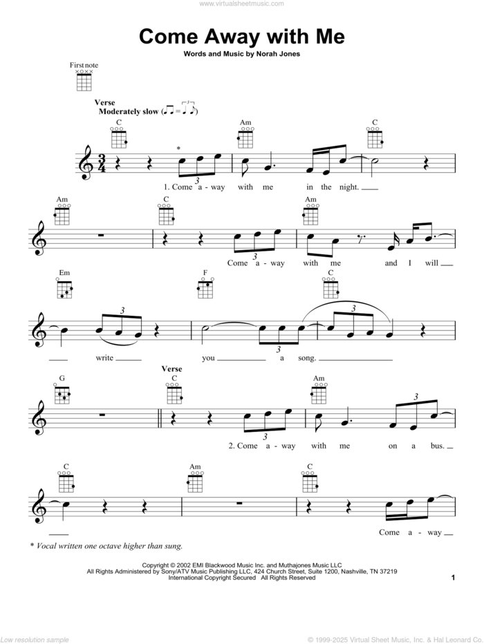 Come Away With Me sheet music for ukulele by Norah Jones, intermediate skill level