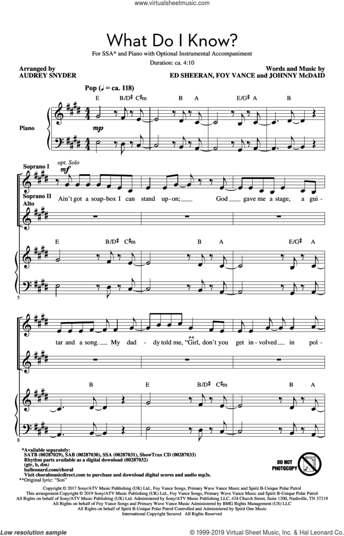 What Do I Know? (arr. Audrey Snyder) sheet music for choir (SSA: soprano, alto) by Ed Sheeran, Audrey Snyder, Foy Vance and Johnny McDaid, intermediate skill level