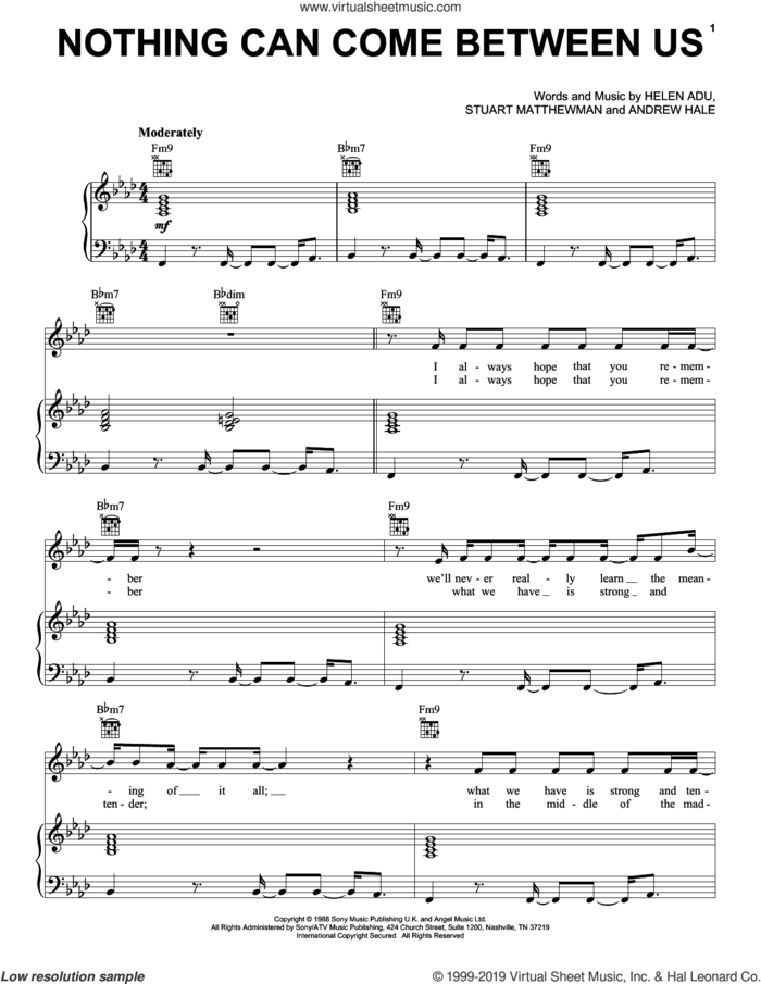 Nothing Can Come Between Us sheet music for voice, piano or guitar by Sade, Andrew Hale, Helen Adu and Stuart Matthewman, intermediate skill level