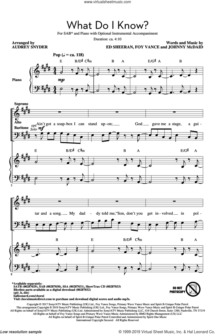 What Do I Know? (arr. Audrey Snyder) sheet music for choir (SAB: soprano, alto, bass) by Ed Sheeran, Audrey Snyder, Foy Vance and Johnny McDaid, intermediate skill level