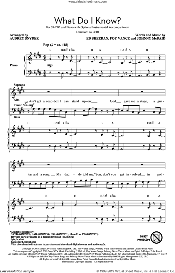 What Do I Know? (arr. Audrey Snyder) sheet music for choir (SATB: soprano, alto, tenor, bass) by Ed Sheeran, Audrey Snyder, Foy Vance and Johnny McDaid, intermediate skill level
