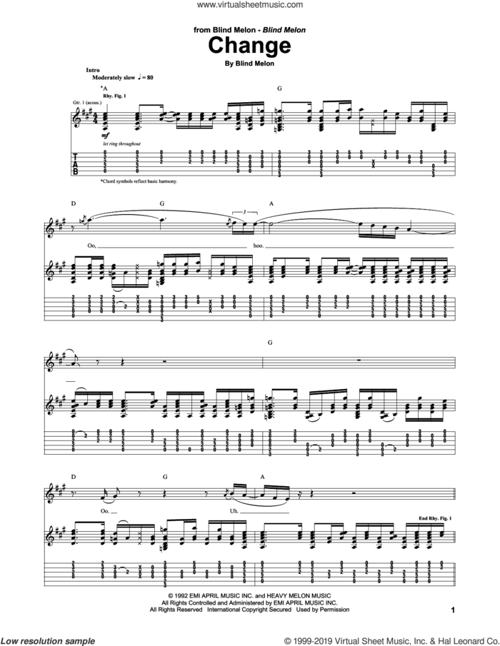 Change sheet music for guitar (tablature) by Blind Melon, intermediate skill level