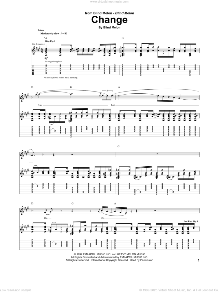 Change sheet music for guitar (tablature) by Blind Melon, intermediate skill level