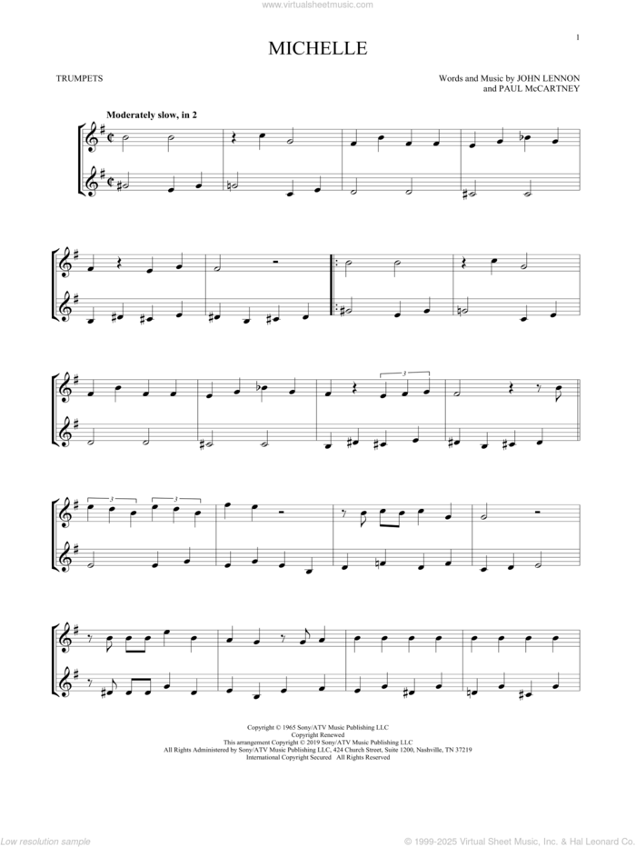 Michelle sheet music for two trumpets (duet, duets) by The Beatles, John Lennon and Paul McCartney, intermediate skill level