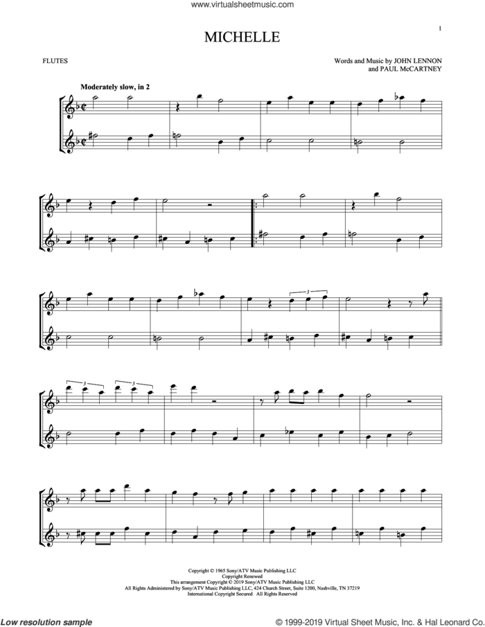 Michelle sheet music for two flutes (duets) by The Beatles, John Lennon and Paul McCartney, intermediate skill level