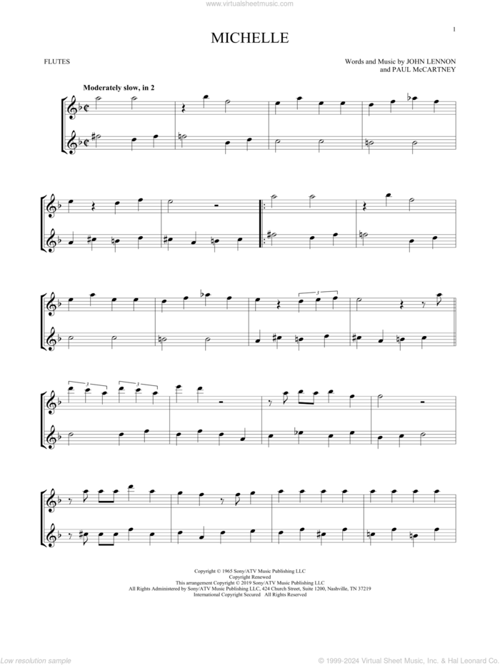 Michelle sheet music for two flutes (duets) by The Beatles, John Lennon and Paul McCartney, intermediate skill level