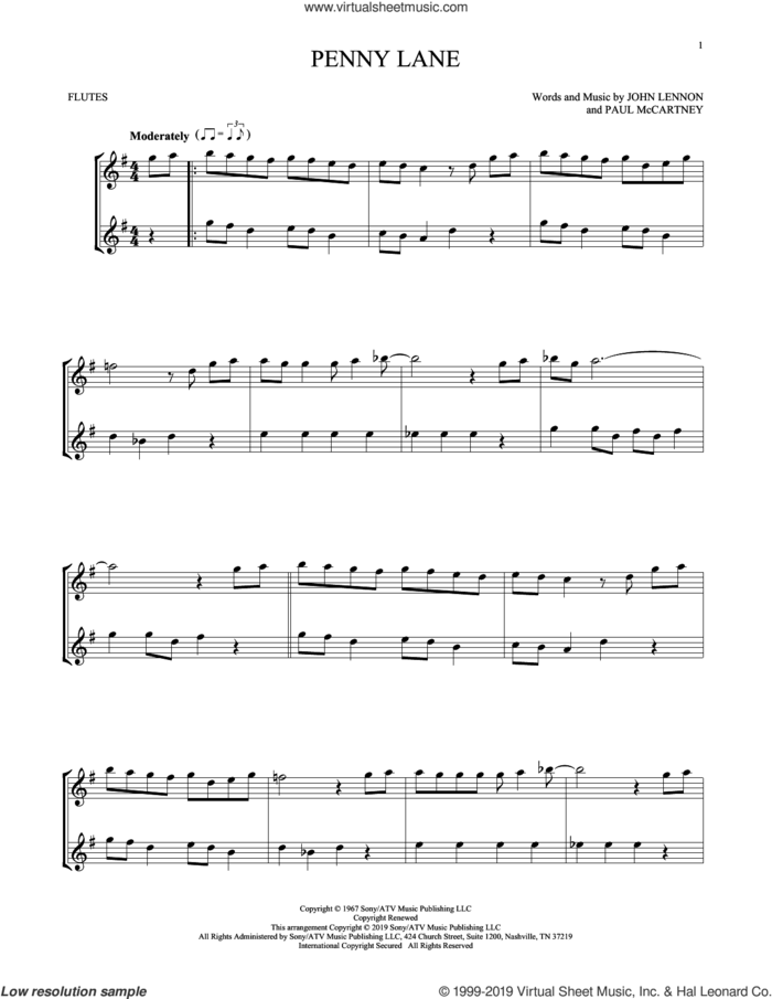 Penny Lane sheet music for two flutes (duets) by The Beatles, John Lennon and Paul McCartney, intermediate skill level