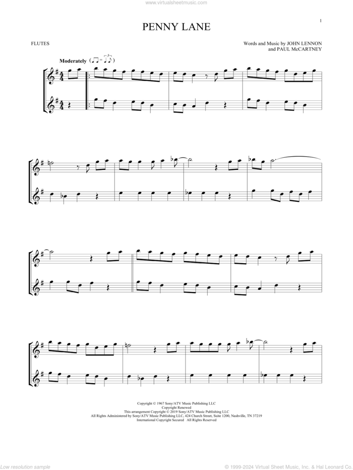 Penny Lane sheet music for two flutes (duets) by The Beatles, John Lennon and Paul McCartney, intermediate skill level