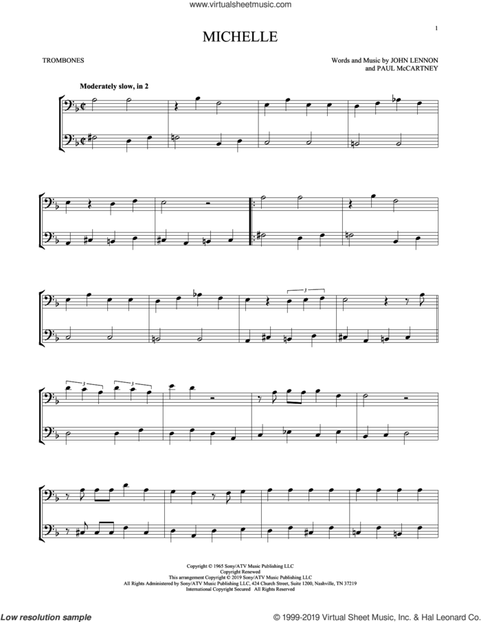 Michelle sheet music for two trombones (duet, duets) by The Beatles, John Lennon and Paul McCartney, intermediate skill level