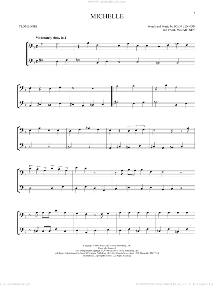 Michelle sheet music for two trombones (duet, duets) by The Beatles, John Lennon and Paul McCartney, intermediate skill level