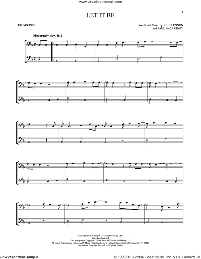 Let It Be sheet music for two trombones (duet, duets) by The Beatles, John Lennon and Paul McCartney, intermediate skill level