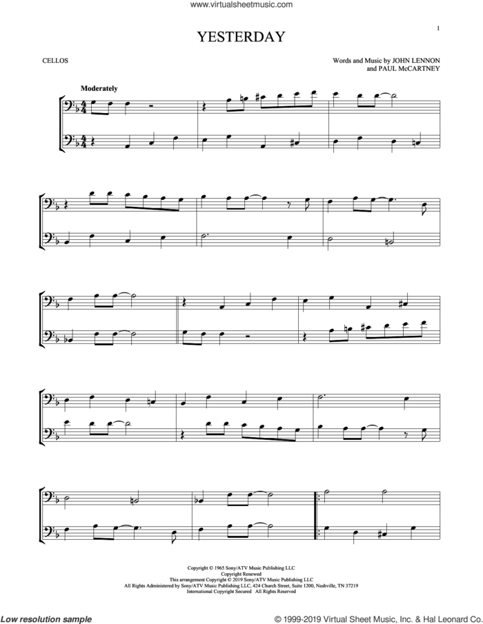 Yesterday sheet music for two cellos (duet, duets) by The Beatles, John Lennon and Paul McCartney, intermediate skill level