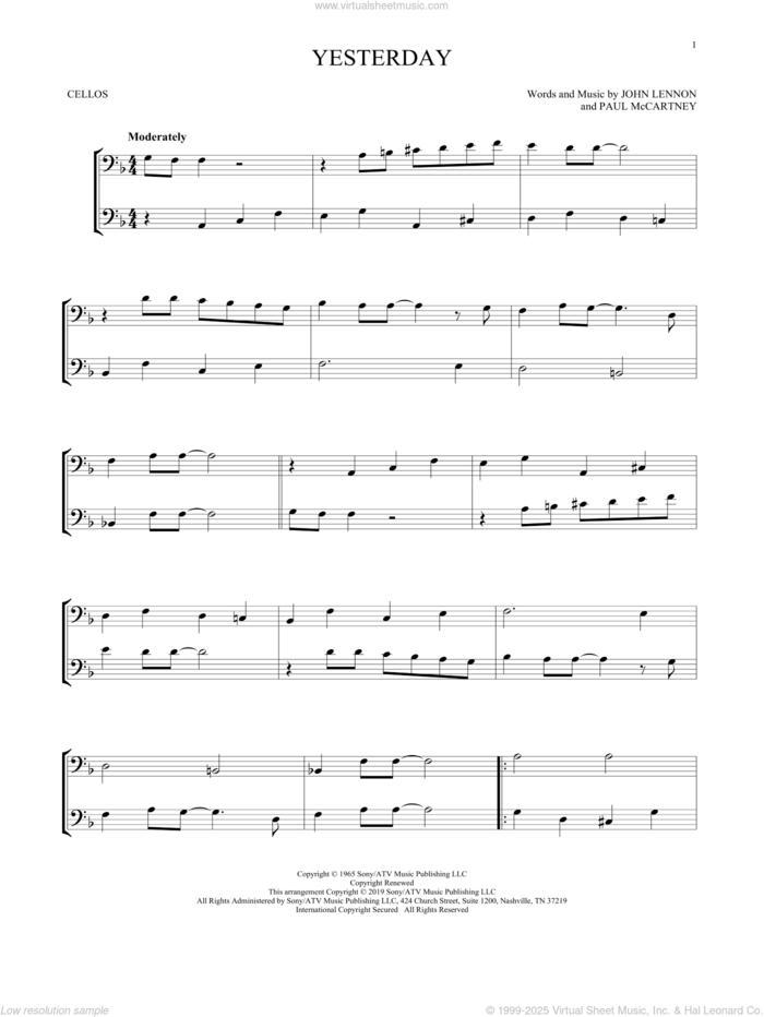 Yesterday sheet music for two cellos (duet, duets) by The Beatles, John Lennon and Paul McCartney, intermediate skill level