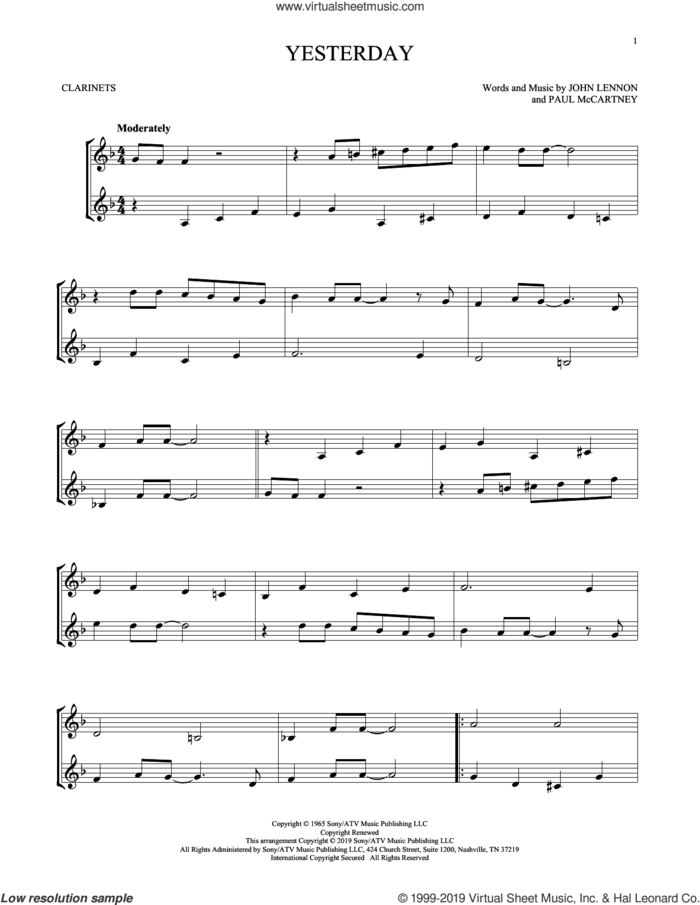 Yesterday sheet music for two clarinets (duets) by The Beatles, John Lennon and Paul McCartney, intermediate skill level