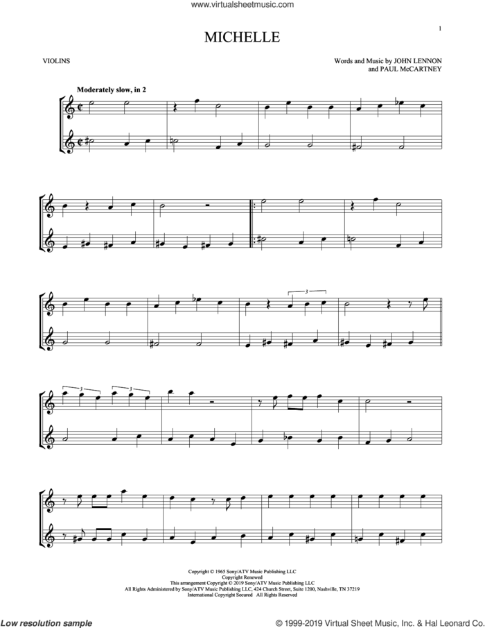 Michelle sheet music for two violins (duets, violin duets) by The Beatles, John Lennon and Paul McCartney, intermediate skill level