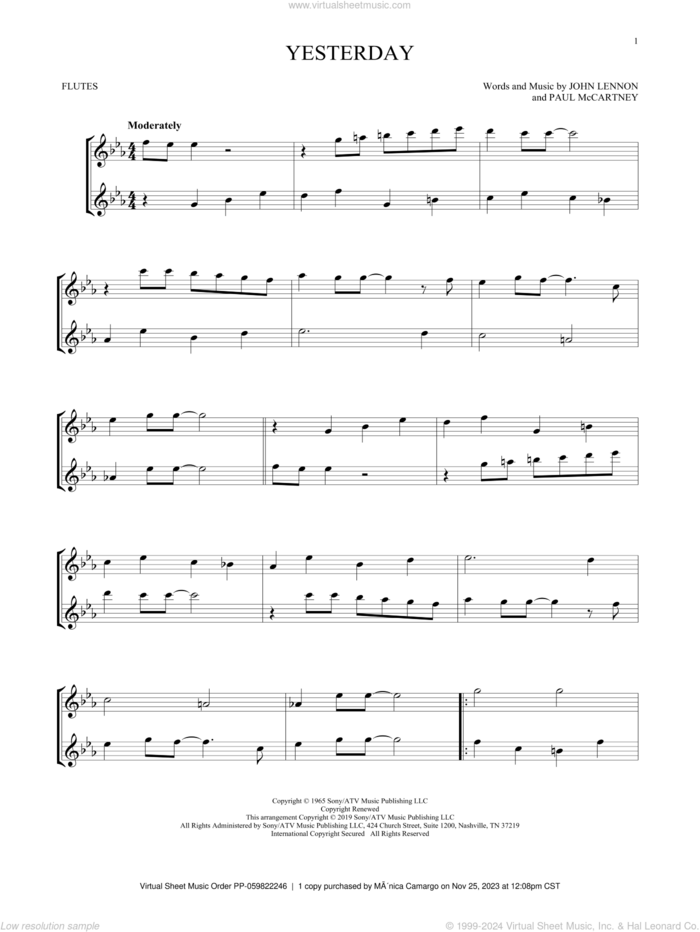 Yesterday sheet music for two flutes (duets) by The Beatles, John Lennon and Paul McCartney, intermediate skill level