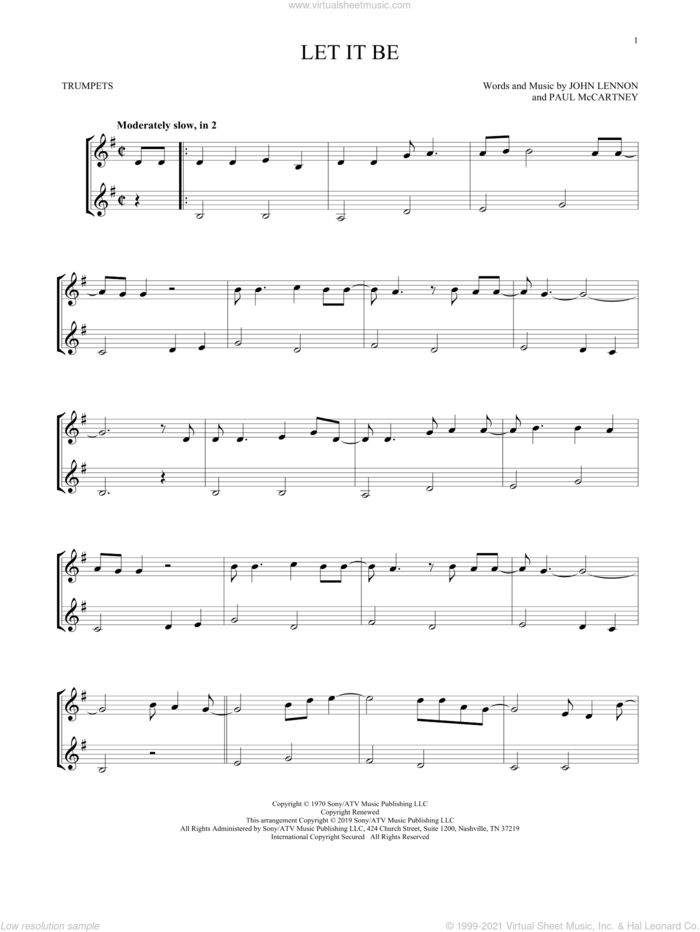 Let It Be sheet music for two trumpets (duet, duets) by The Beatles, John Lennon and Paul McCartney, intermediate skill level