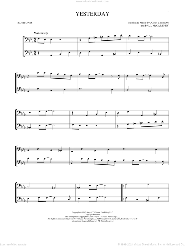 Yesterday sheet music for two trombones (duet, duets) by The Beatles, John Lennon and Paul McCartney, intermediate skill level