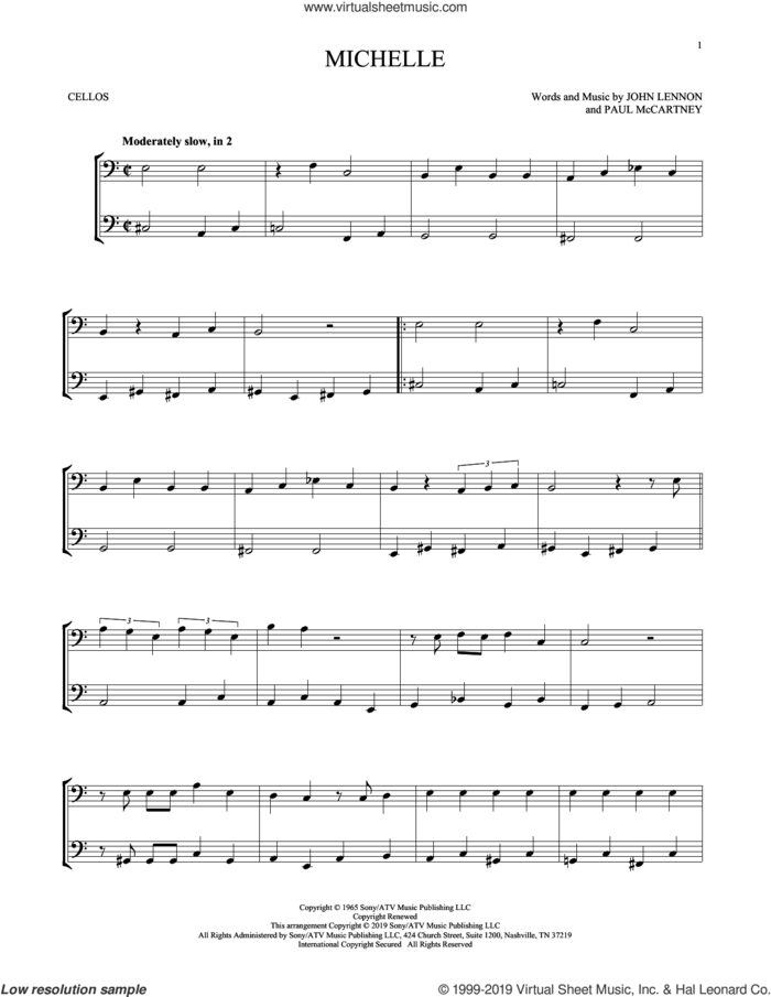 Michelle sheet music for two cellos (duet, duets) by The Beatles, John Lennon and Paul McCartney, intermediate skill level