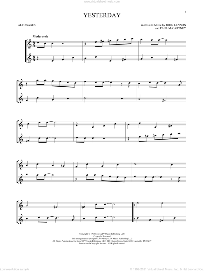 Yesterday sheet music for two alto saxophones (duets) by The Beatles, John Lennon and Paul McCartney, intermediate skill level