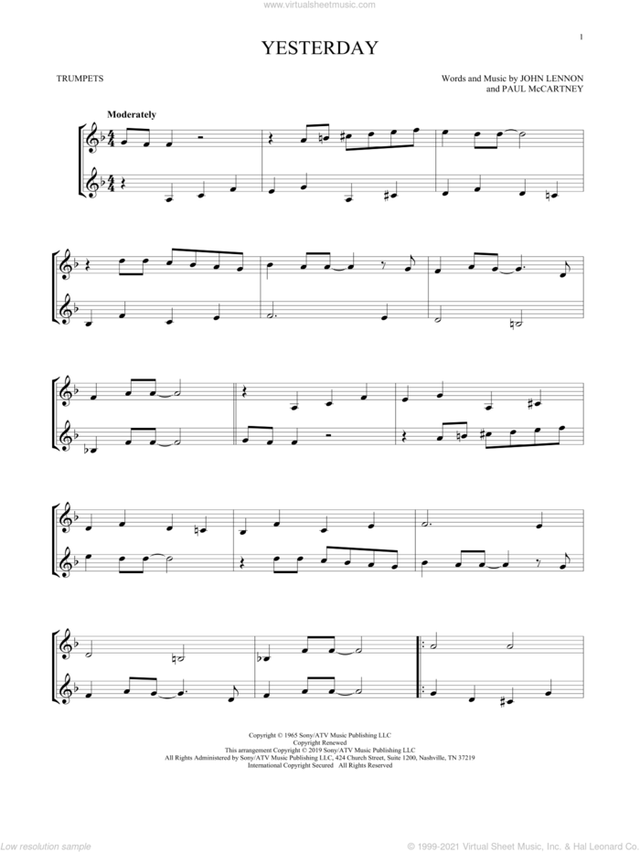 Yesterday sheet music for two trumpets (duet, duets) by The Beatles, John Lennon and Paul McCartney, intermediate skill level