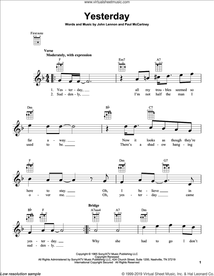 Yesterday sheet music for ukulele by The Beatles, John Lennon and Paul McCartney, intermediate skill level