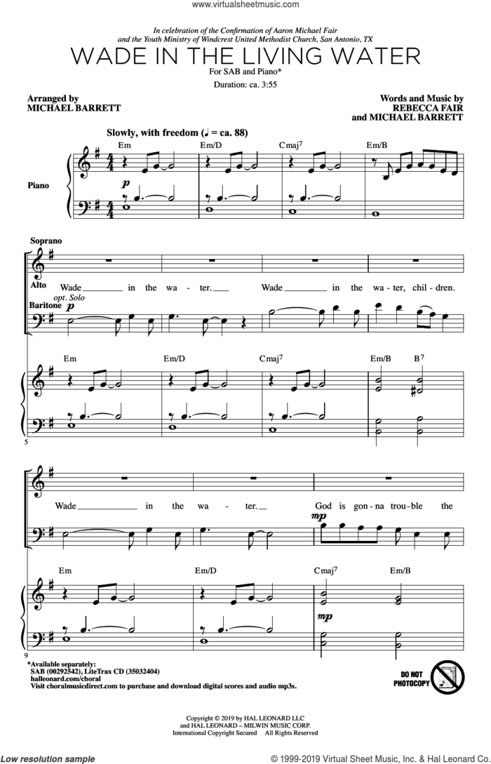 Wade In The Living Water sheet music for choir (SAB: soprano, alto, bass) by Michael Barrett, Rebecca Fair and Rebecca Fair & Michael Barrett, intermediate skill level
