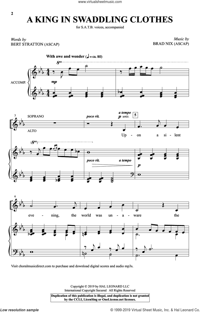 A King In Swaddling Clothes sheet music for choir (SATB: soprano, alto, tenor, bass) by Brad Nix, Bert Stratton and Bert Stratton & Brad Nix, intermediate skill level
