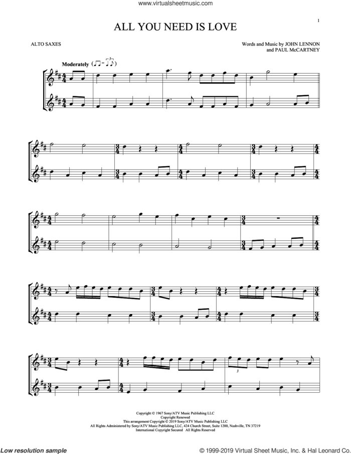 All You Need Is Love sheet music for two alto saxophones (duets) by The Beatles, John Lennon and Paul McCartney, wedding score, intermediate skill level