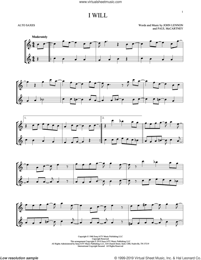 I Will sheet music for two alto saxophones (duets) by The Beatles, John Lennon and Paul McCartney, intermediate skill level