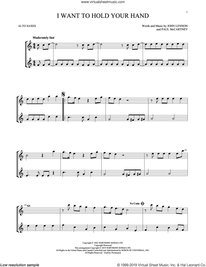 I Want To Hold Your Hand sheet music for two alto saxophones (duets) by The Beatles, John Lennon and Paul McCartney, intermediate skill level
