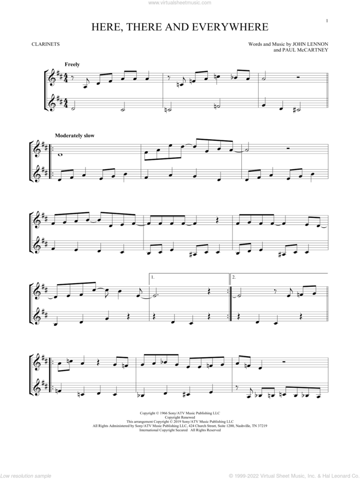Here, There And Everywhere sheet music for two clarinets (duets) by The Beatles, John Lennon and Paul McCartney, wedding score, intermediate skill level