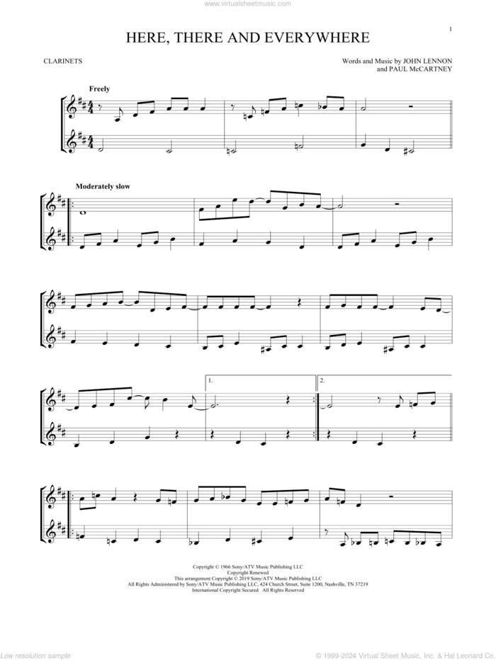 Here, There And Everywhere sheet music for two clarinets (duets) by The Beatles, John Lennon and Paul McCartney, wedding score, intermediate skill level