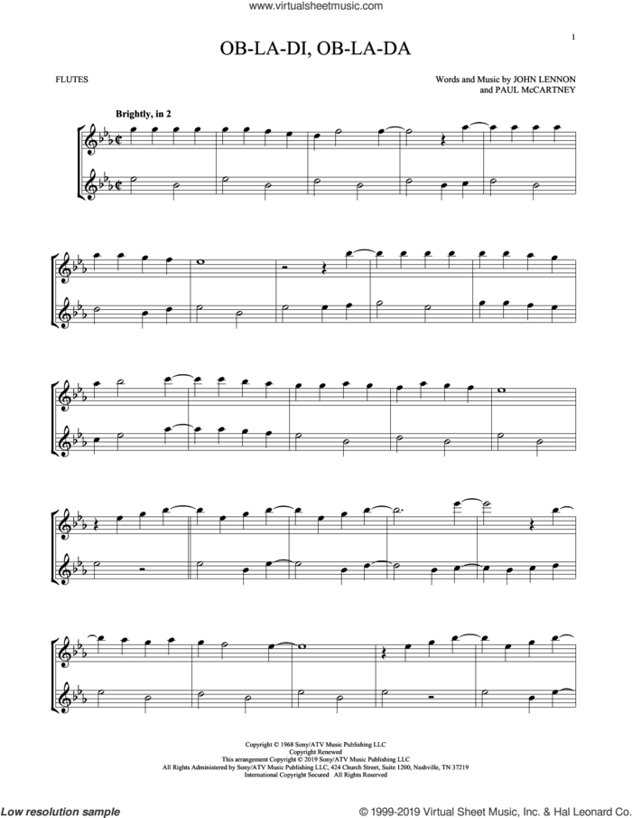 Ob-La-Di, Ob-La-Da sheet music for two flutes (duets) by The Beatles, John Lennon and Paul McCartney, intermediate skill level