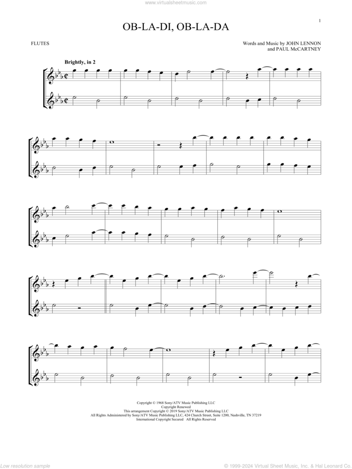 Ob-La-Di, Ob-La-Da sheet music for two flutes (duets) by The Beatles, John Lennon and Paul McCartney, intermediate skill level