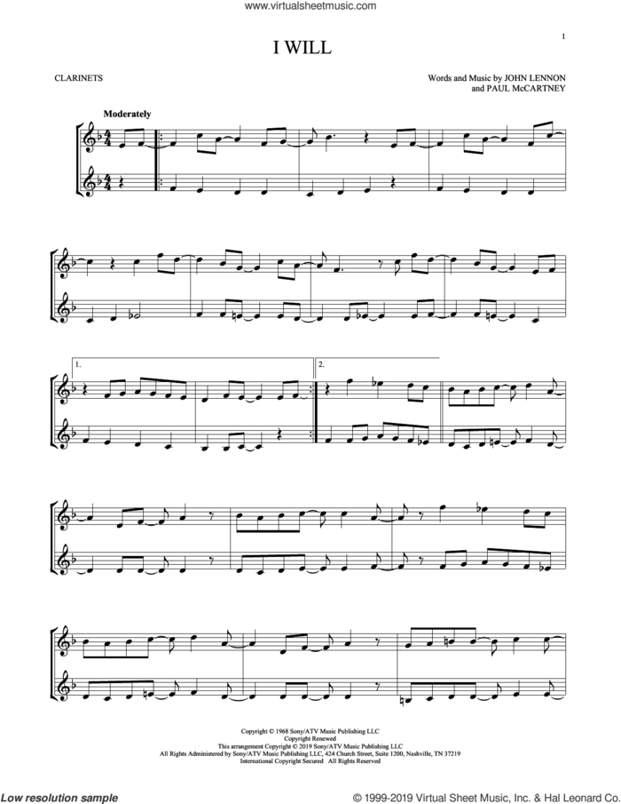 I Will sheet music for two clarinets (duets) by The Beatles, John Lennon and Paul McCartney, wedding score, intermediate skill level