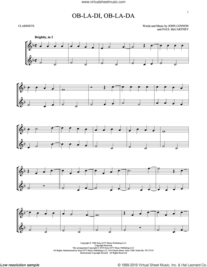 Ob-La-Di, Ob-La-Da sheet music for two clarinets (duets) by The Beatles, John Lennon and Paul McCartney, intermediate skill level