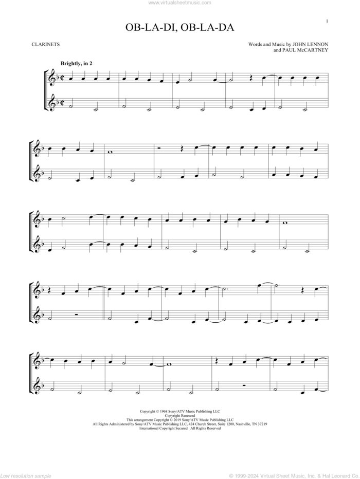 Ob-La-Di, Ob-La-Da sheet music for two clarinets (duets) by The Beatles, John Lennon and Paul McCartney, intermediate skill level