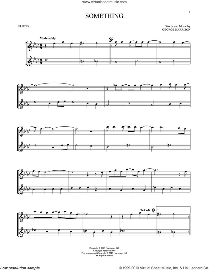 Something sheet music for two flutes (duets) by The Beatles and George Harrison, intermediate skill level