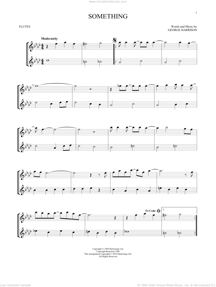 Something sheet music for two flutes (duets) by The Beatles and George Harrison, intermediate skill level